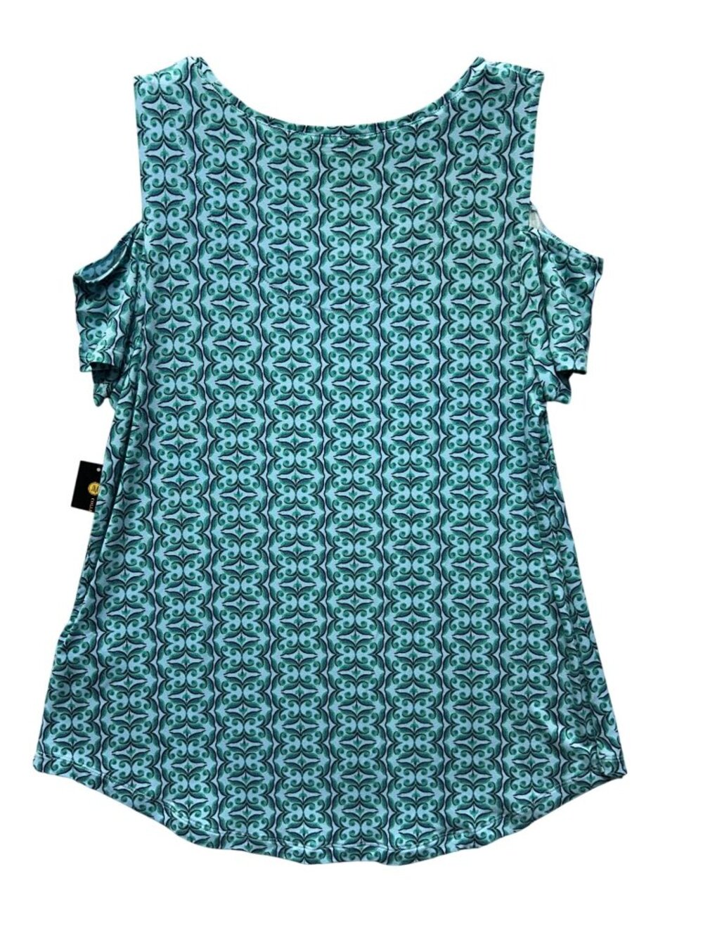 JM Collection Womens Large Blue & Green Cold Shoulder Top Geometric Print Rayon - Picture 2 of 8